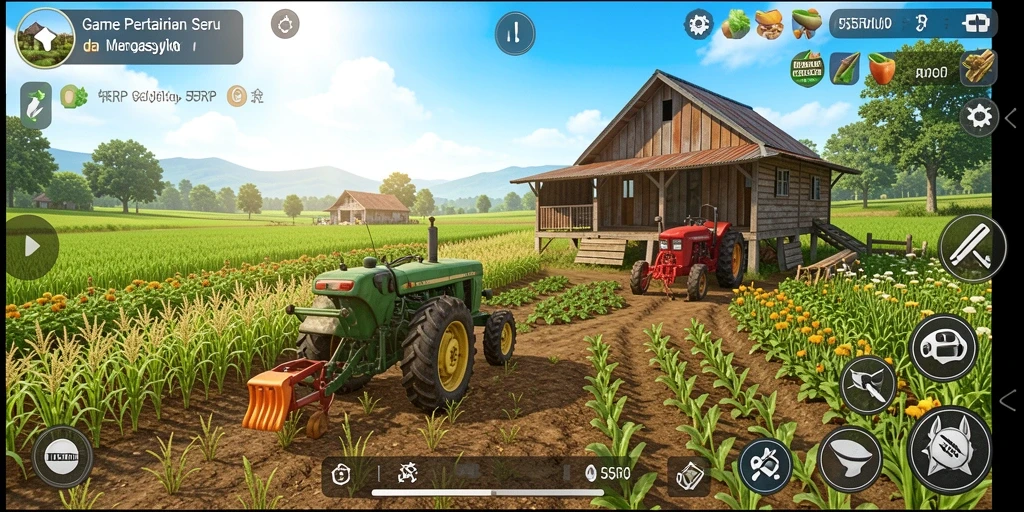Screenshot gameplay 55RP menampilkan pertanian yang indah dan subur.