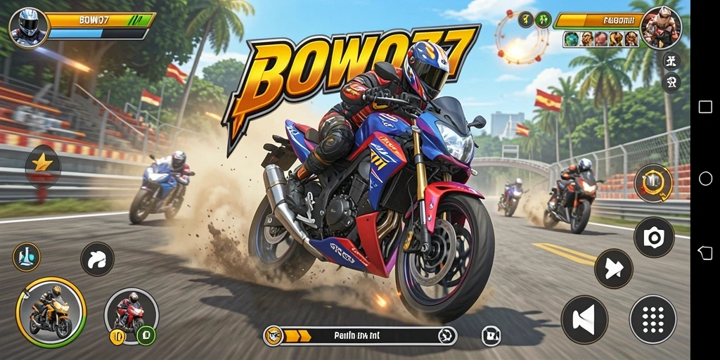 Tampilan gameplay menegangkan dari BOWO77 dengan balapan motor yang seru.