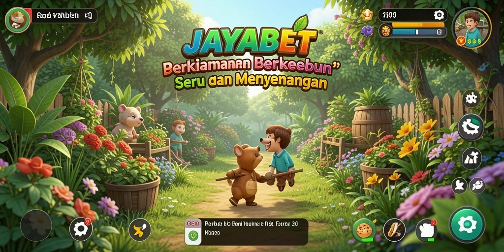Screenshot JAYABET menampilkan kebun yang kaya akan aktivitas dan tanaman.