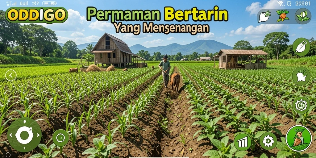 Screenshot ODDIGO menampilkan gameplay bertani yang interaktif.