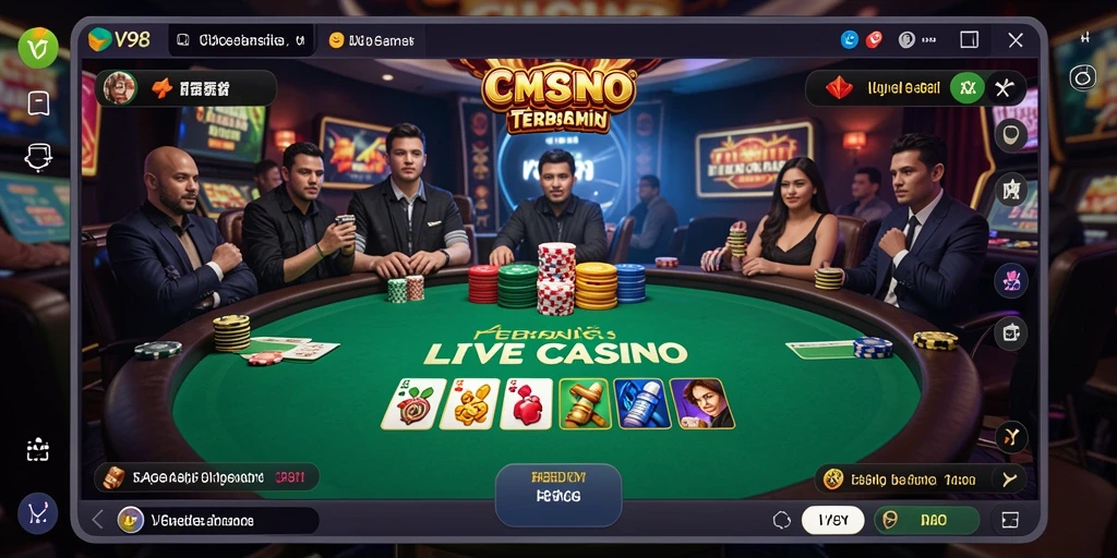 Screenshot gameplay V98 yang menampilkan dealer langsung di Live Casino.